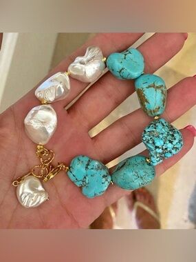Turquoise & Pearl Stone Bracelet with Gold Hardware